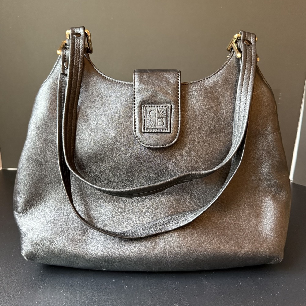 Giani Bernini Womens Black Leather Shoulder Bag Purse Hobo Magnetic Snap‎ Logo